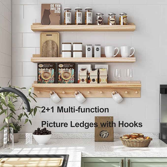 MBYD Natural Wood Shelf with Hooks, Floating Shelves for Wall Bathroom Shelves, Wall Mounted Nursery Bookshelf for Kids Room, Toy Storage Shelf for Bedroom Picture Ledge Shelves (Natural, 36 Inch)