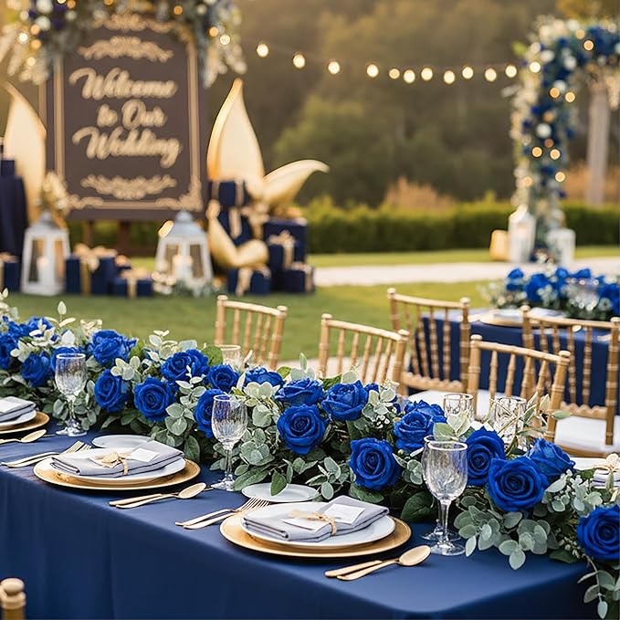 Auihiay 104PCS Blue Roses, Realistic Silk Velvet Blue Artificial Flowers, Lifelike Faux Roses for Bridal Bouquet, Home Decor, Valentine's Day, Wedding Centerpieces, Nautical Party