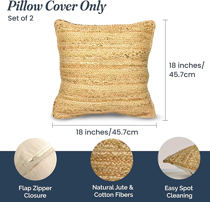 The Fine Living Co. Jute Pillow Covers 18x18 Set of 2, Braided Jute Throw Pillows, Indoor Outdoor Boho & Farmhouse Decor, Natural Decorative Cushion Covers for Couch, Living Room & Patio