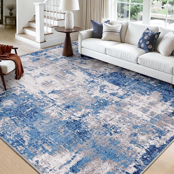 RELEANY Washable Area Rugs Square 10ft Non-Slip Modern Abstract Soft for Living Room Entryway Bedroom Nursery, Print Pattern, Blue Grey Navy Gray