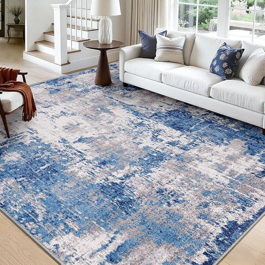 RELEANY Washable Area Rugs Square 10ft Non-Slip Modern Abstract Soft for Living Room Entryway Bedroom Nursery, Print Pattern, Blue Grey Navy Gray