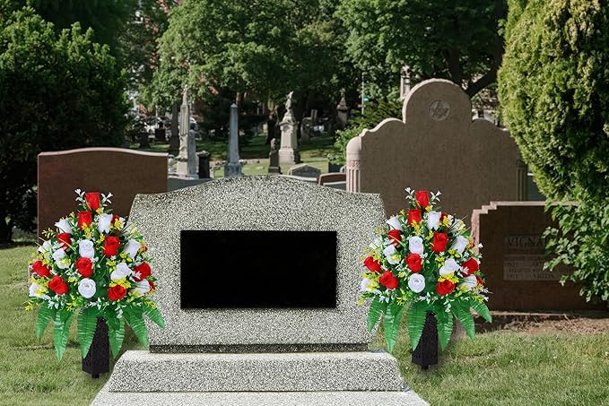 LVXINLI Artificial Cemetery Flowers, Gravesite Decoration Roses, Memorial Bouquets with Cemetery Vase, Vibrant and Long-Lasting Colors (Red + White, 2 Bundles)