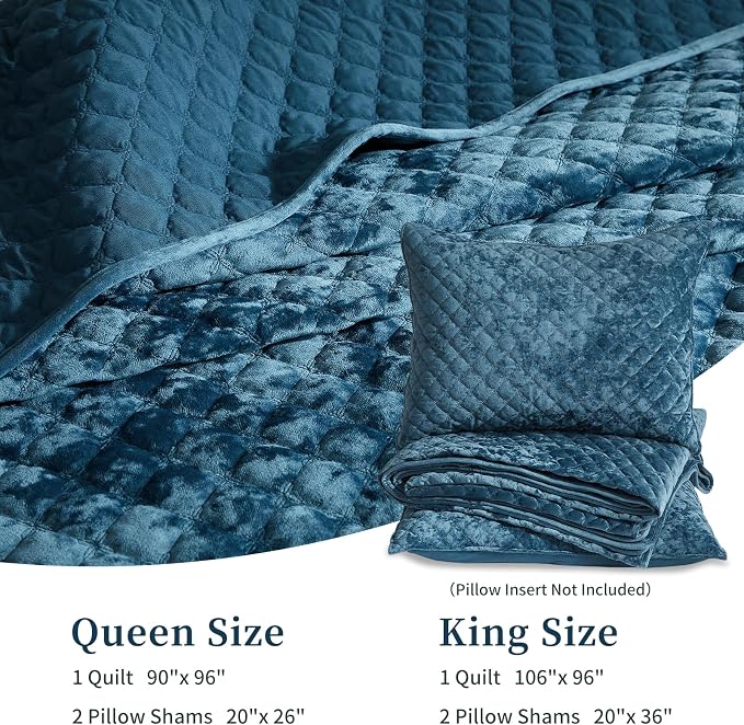 Velvet Quilt Queen Comforter Set - Luxury Soft Velvet Bedding Set for All Season, Bedspreads Queen Size Lightweight Quilt with 2 Pillow Shams, Blue, Diamond