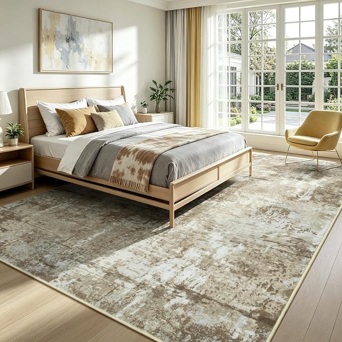 8x10 Area Rugs for Living Room, Washable Large Rug, Brown | Non Slip; Soft Touch; Easy to Clean; Stain-Resistant; High-Power Vacuum Cleaner Friendly; Low Pile; Bedroom; Dining Room