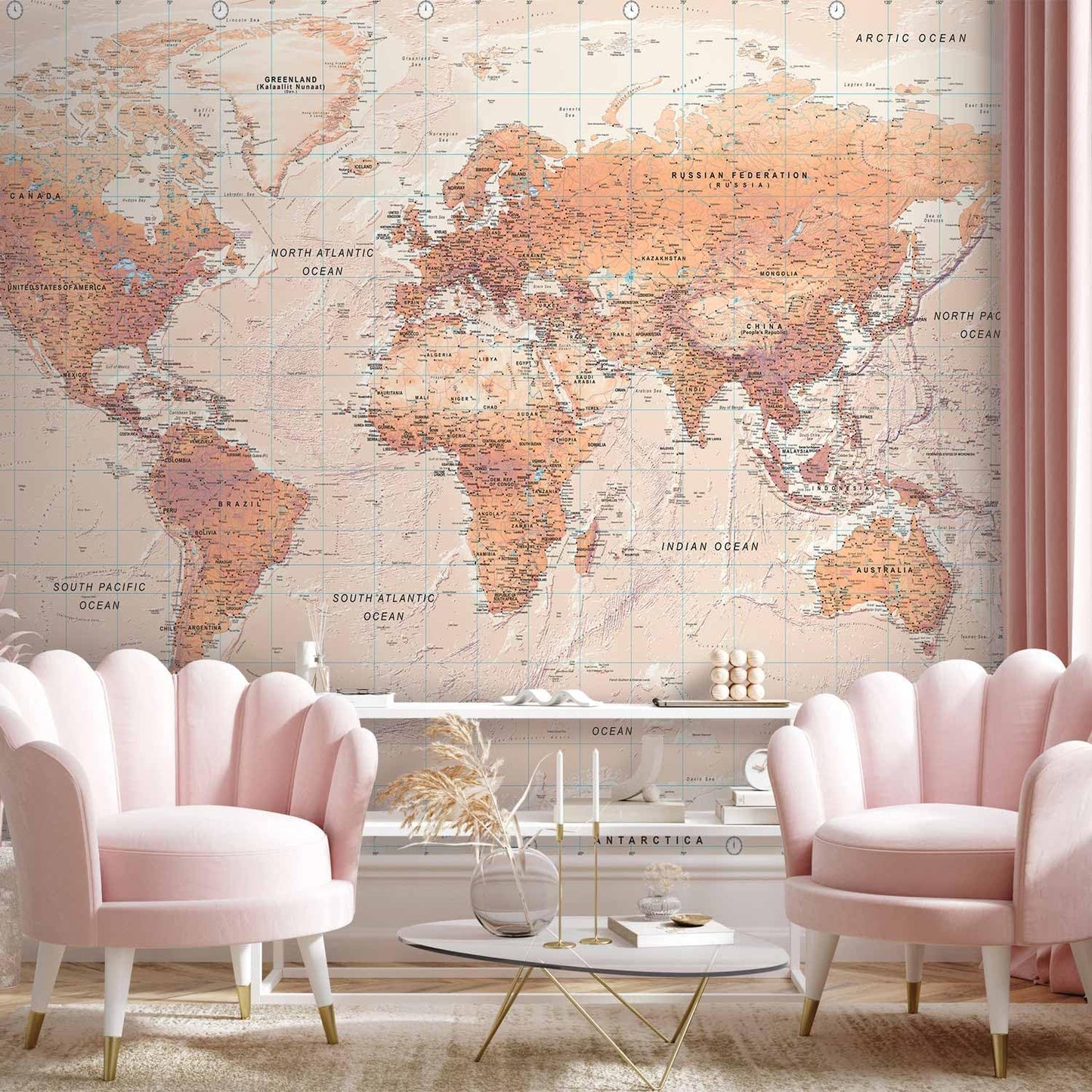 artgeist Premium Wall Mural World Map 138x101 in - XXL Non-Woven Wallpaper Fleece Wall Decor Photo Print Picture Image Design Home Map of The World k-A-0091-a-c