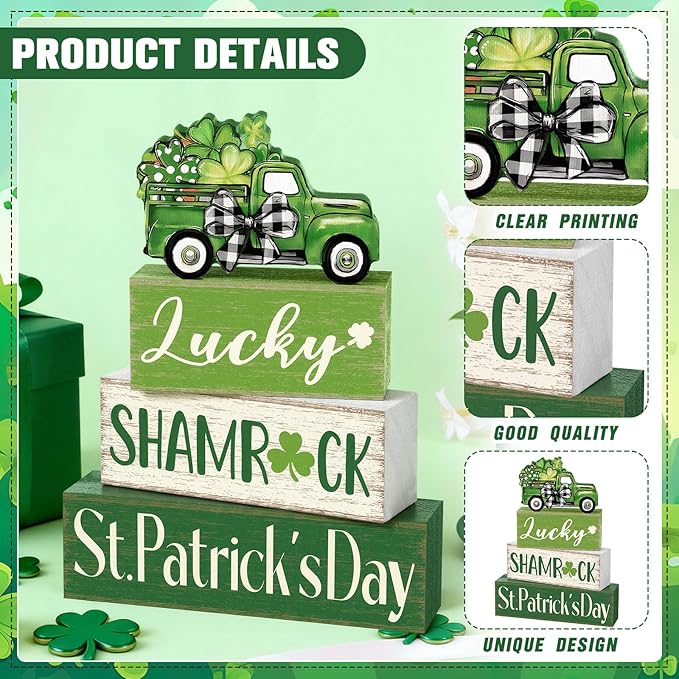 Marsui 4 Pcs St Patrick's Day Table Decorations Green Shamrocks Wooden Signs Block Farmhouse Irish Tiered Tray Decor Rustic St. Patrick's Day Table Centerpieces for Home Office Desk Shelf Mantel Decor