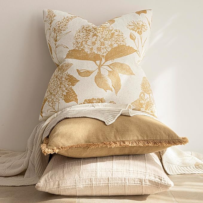 Foindtower Set of 2 Linen Floral Vintage Throw Pillow Covers Neutral Accent Print Decorative Cozy Cushion Covers Farmhouse Home Decor for Sofa Chair Couch Bed Living Room,18×18 Inch,Light Yellow