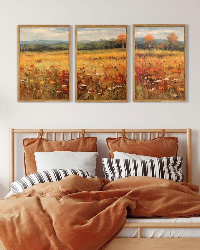 UPWOIGH Autumn Meadow Framed Wall Art, 16 x 24 Inch, Set of 3 | Golden Wildflower Meadow Prints, Warm Autumn Landscape Design, Light Wood Frames for Living Room, Dining Room and Office