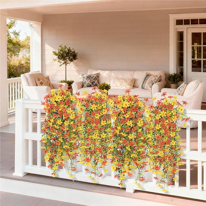 Artificial Fake Hanging Flowers Plants for Outdoor Spring Summer Decoration,2 PCS Faux Silk Daisy with Eucalyptus Leaves,UV Resistant Look Real for Outside Home Planter Porch Patio Balcony Yard Decor