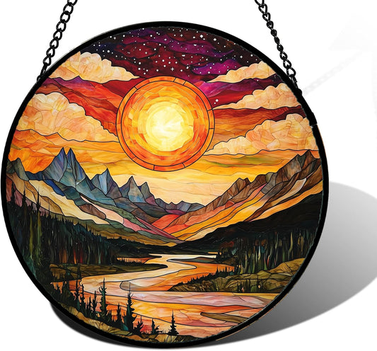 Stained Glass Window Hanging, Dusk Sunset Landscape Sun Catchers Glass Panel Lakes and Mountains Suncatcher Decor for Birthday for Women, Men, Wife, Aunt, and Mom 7.8 in