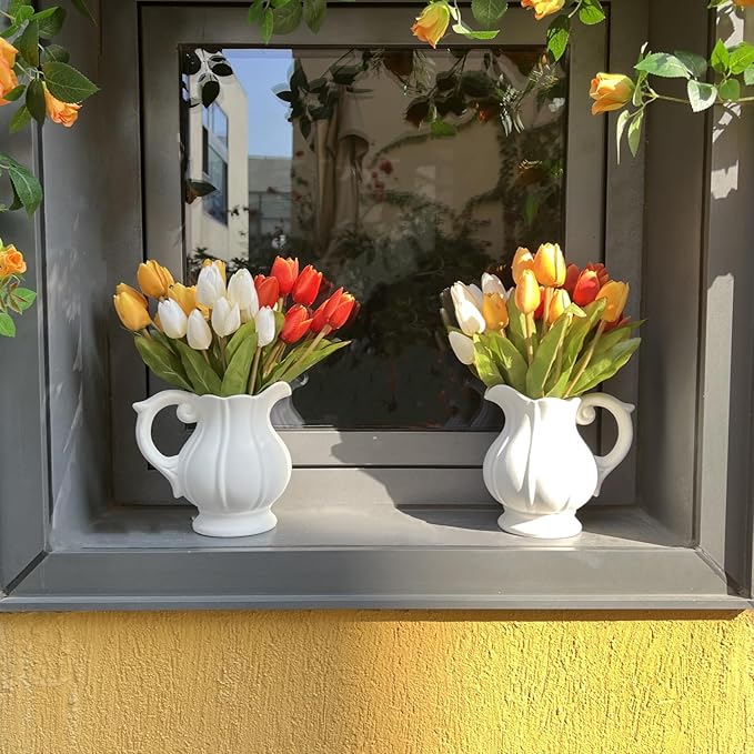 Artificial Fake Flowers for Spring Summer Outdoor Decoration,6 Bundles Shyshining Realistic UV Resistant Silk Fabric Colorful Tulip Faux Plants for outside Planter Home Porch Patio Decor(White Orange)