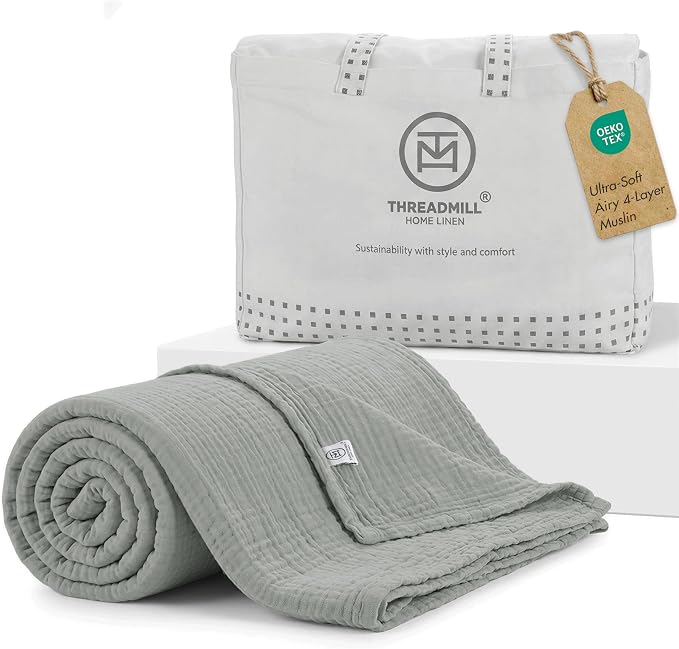 Threadmill Summer Muslin Twin Blanket | 4 Layer 100% Cotton Gauze Blanket | Pre Washed, Soft and Breathable Muslin Throw Blanket | Ideal for All Seasons | Lightweight Picnic Blanket| Scottish Grey