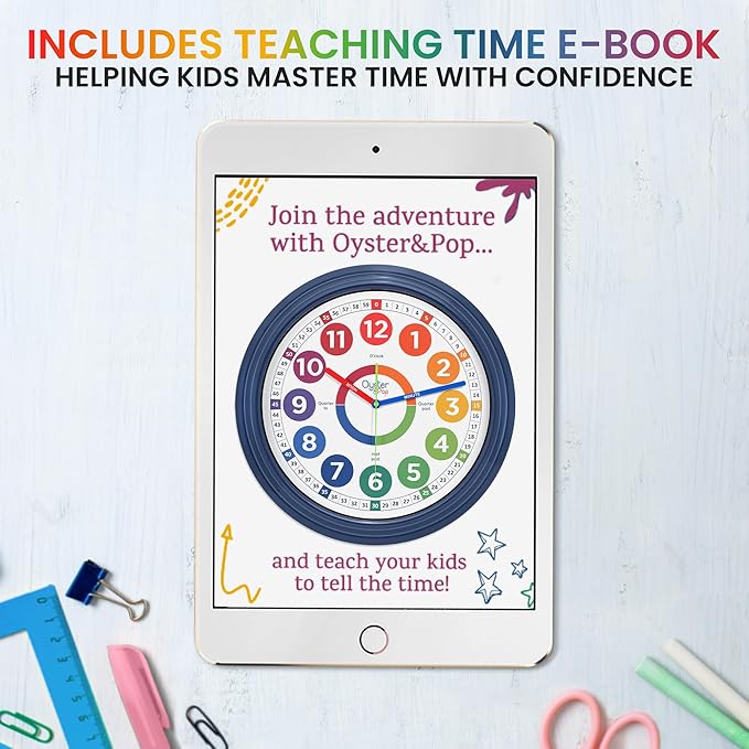 Oyster&Pop 16 Inch Extra Large Classroom Clock for Kids Learning to Tell Time – Silent Non-Ticking Analog Wall Clock – Color Coded Easy to Read – Indoor Outdoor