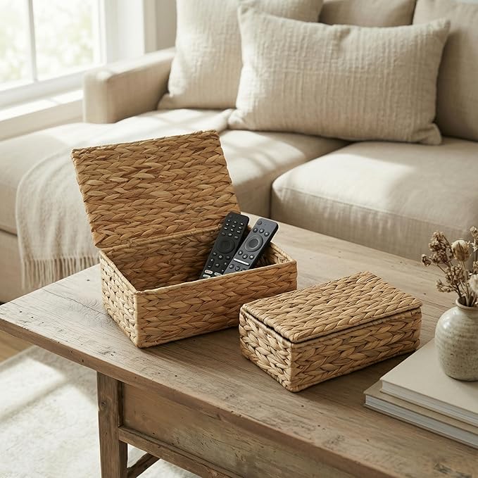 Decorative Storage Boxes with Lids - Set of 2 Beautiful Wicker Organizer Bins for Your Shelves & Home Decor - Safely Store Your Photos, Documents, and Memory Box Keepsakes in a Stylish Rattan Design