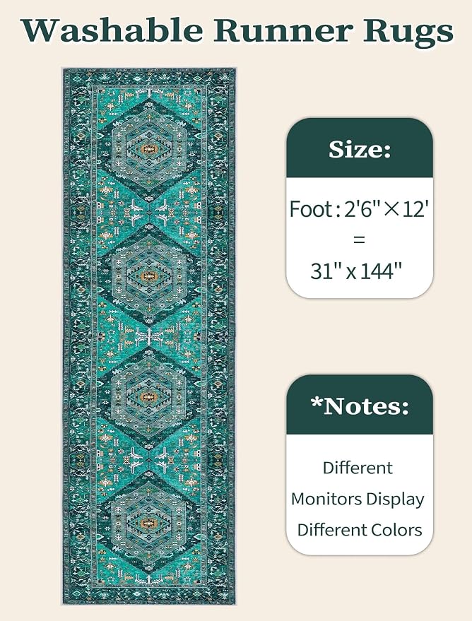 SERISSA Runner Rug for Hallways, 2'6"x12' Washable Non Slip Kitchen Runner Rug, Extra Long Boho Rug Ultra Soft Vintage Teal Print Floor Carpet for Bedroom Hallway Entryway Bathroom Laundry Room