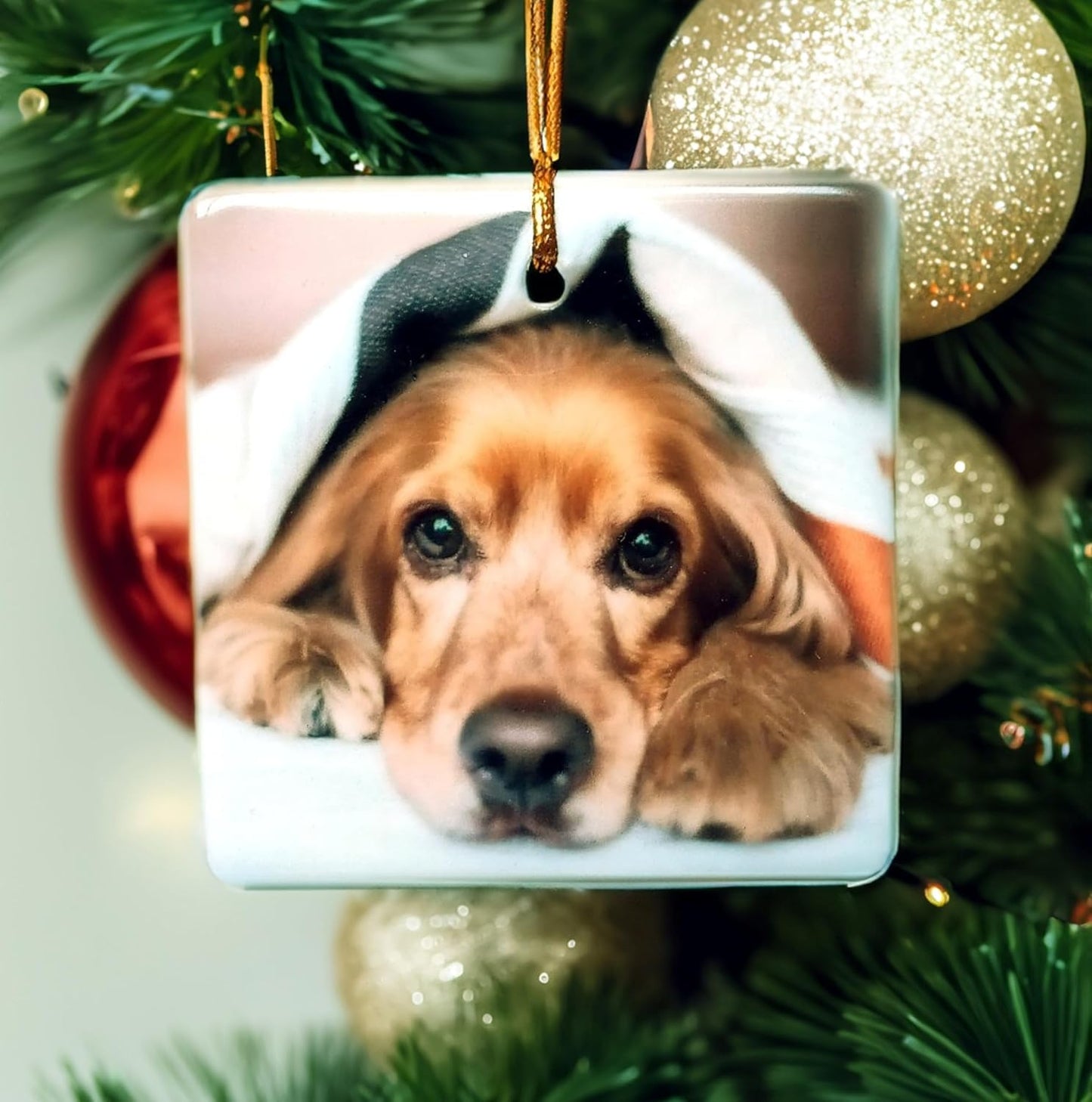 Personalized Christmas Ornament, Add Photo Text or Art Design and Make Your own Customized Porcelain Ceramic Ornament, Gold String and Gift Bag Included (Square)