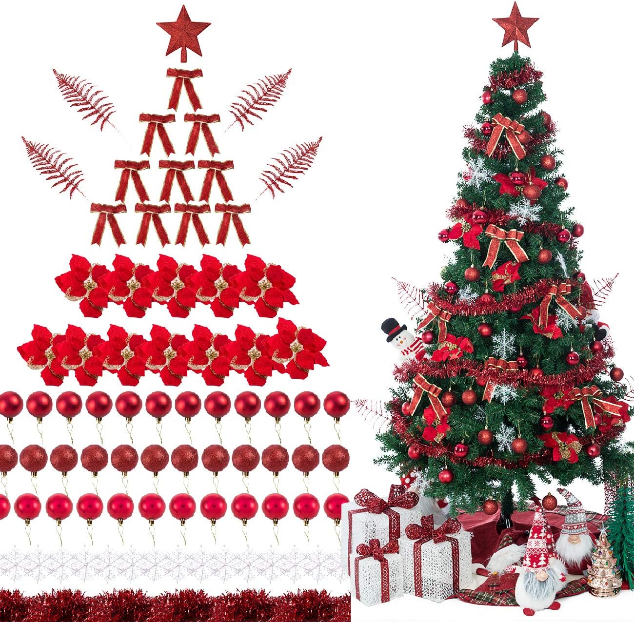 Sunnyglade 94 PCS Christmas Tree Ornaments Set with Glitter Poinsettia, Bows, Ribbons, Leaves & Assorted Decoration Ball for Xmas Tree Holiday Wedding Party Decorations (Red)