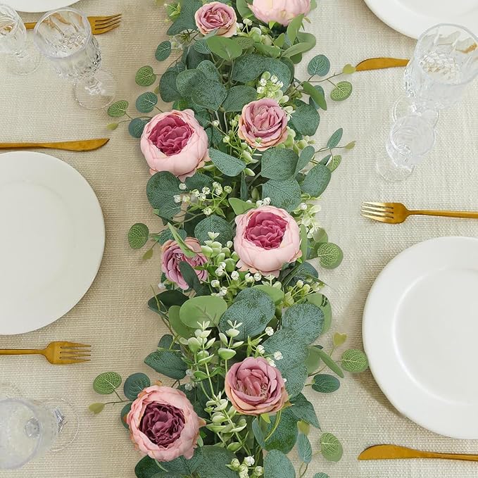 SOMYTING 2 Pack 13FT Flower Garland, Artificial Rose Vine Fake Flower Garland Silk Rose Peony Vines Faux Valentine Floral Garlands for Wedding Party Arch Table Backdrop Wall Decoration (Vintage Pink)