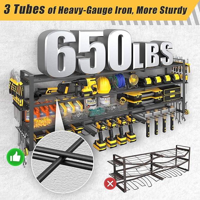 Jusgym Large 49''W Power Tool Organizer Wall Mount |650lbs Garage Storage Rack with 12 Cordless Drill Holder |4-Tier Heavy Duty Tool Storage Rack for Garage Organization |Gift for Men