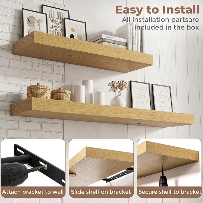 48 Inch Floating Shelves for Wall, 8"D Wood Storage Shelves, Oak Finish | Engineered Wood, Invisible Bracket, Large Storage, Easy Install, Hold Up to 77lbs, Living Room, Bathroom, Bedroom, Kitchen