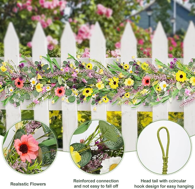 6 ft Artificial Wildflower Garland Wisteria Lavender Garland Daisy and Lavender Faux Floral Vine Summer Spring Floral Fake Wreath All Year Round Home Decor for Indoor Outdoor Home Wedding Arch