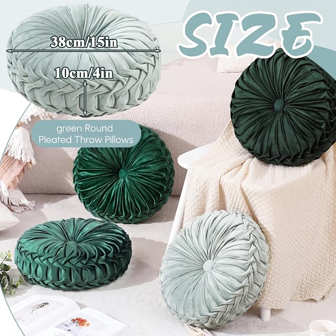 Drydiet 4 Pcs Round Throw Velvet Pillows Decorative Pleated Throw Pillows Diameter Accent Pumpkin Boho Chair Cushion for Couch Sofa Home Decoration (Sage Green,15'')