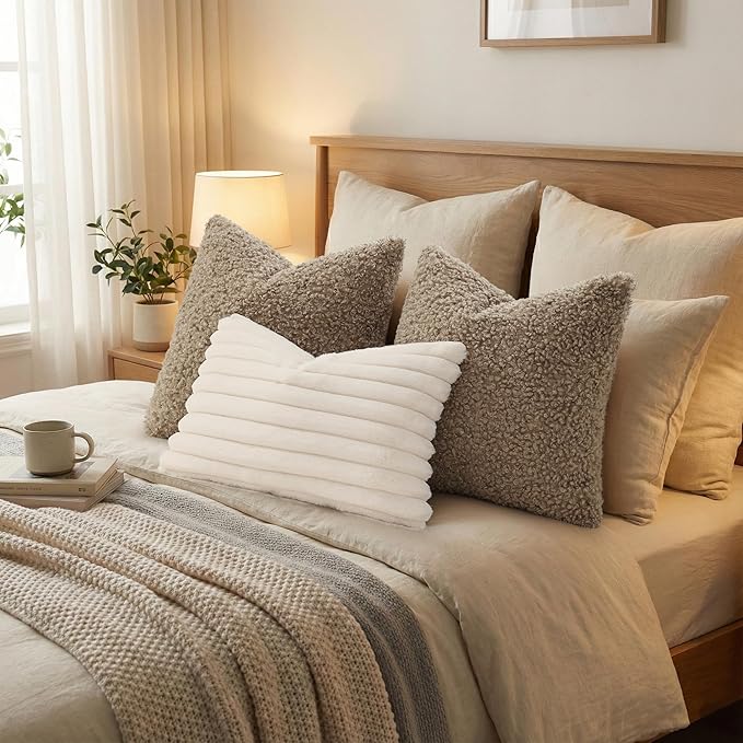 decorUhome Pack of 2 Throw Pillow Covers 22x22 Inch, Faux Fur Decorative Sherpa Pillow Covers Fuzzy Accent Soft Sheepskin Fleece Pillow Cases for Couch Living Room Bed, Khaki