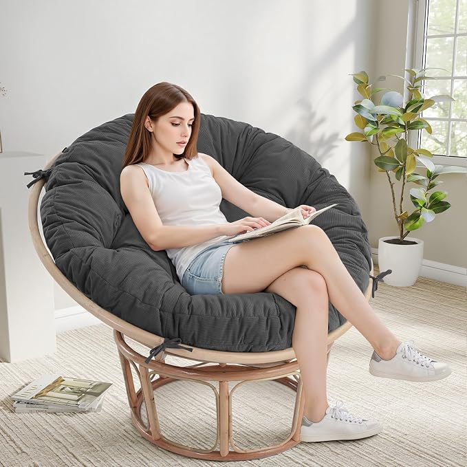idee-home Papasan Chair Cushion, Circle Papasan Chair Cushion(Cushion Only) | Papasan Cushion with Thick Corduroy Cover, 48 x 48 Inch Cushion for Egg Chair, Dark Grey