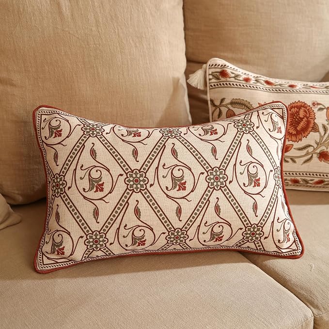 ISAENNE Designer Vintage French Linen Throw Pillow Cover,20"x12"-Albano D | Elegant Rectangle Pillow Cover,Concealed Zipper Design,Floral Pattern,Sofas,Bedroom,Living Room,Lounge Chairs,Decor