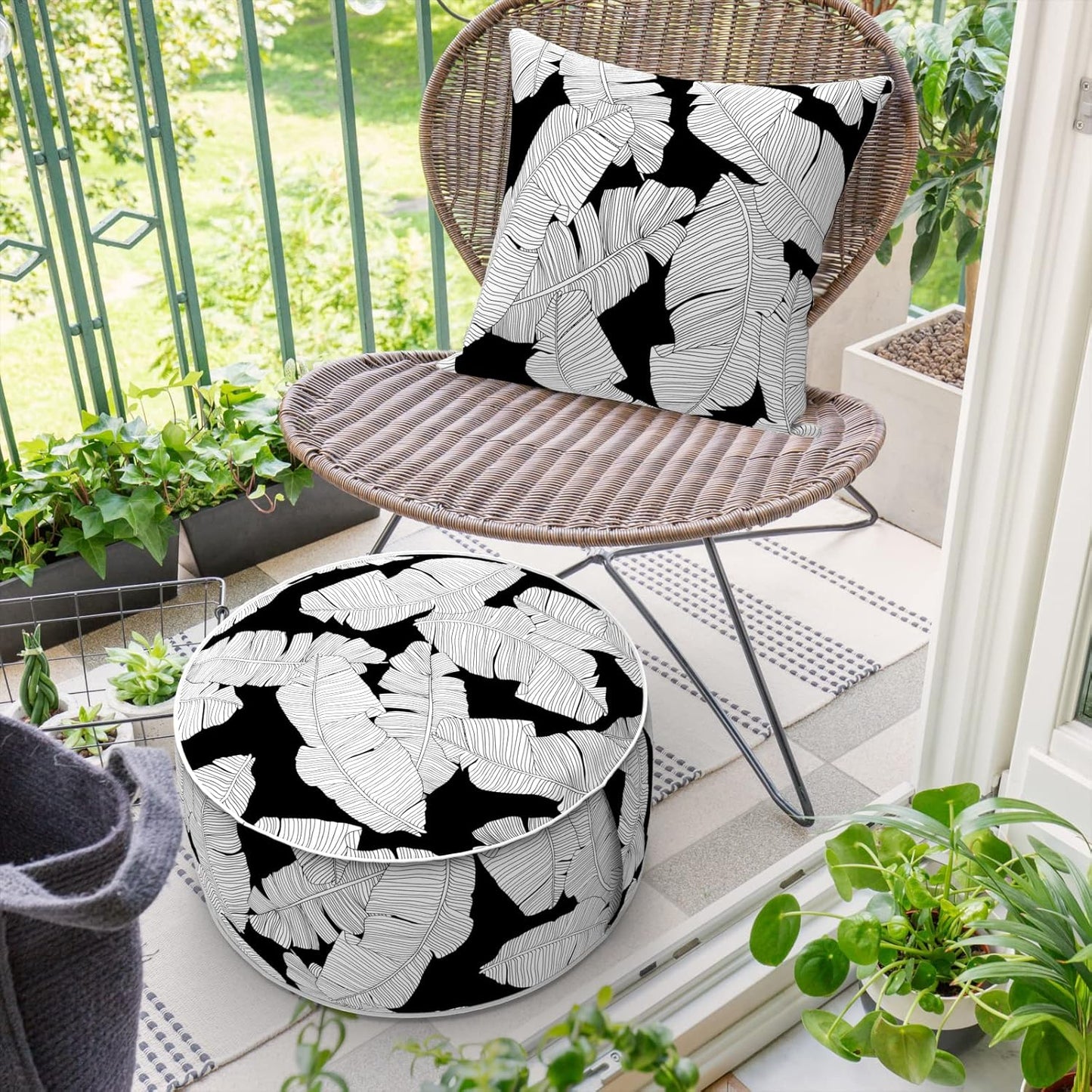 Inflatable Ottoman Stool D21 xH9 for Outdoor/Indoor Use, Water Repellent Patio Foot Rest Stool with Portable Handle,Round Pouf Ottoman Suitable for Garden,Deck and Camping - Black Leaves