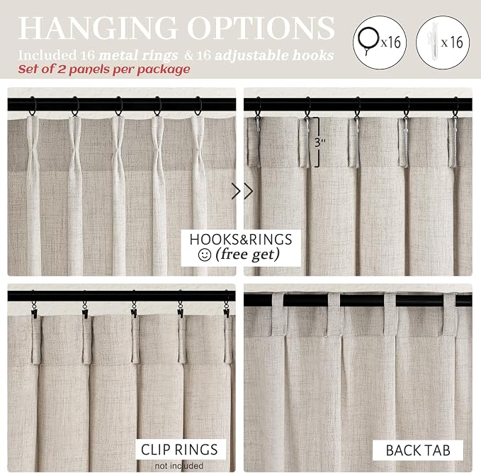 Memory Trained Pinch Pleated Greyish Brown Bedroom Curtains 94 Inches Long, Light Filtering Thick Natural Linen Semi Sheer Privacy Modern 94-96 Inch Windows Curtain & Drapes with Back Tab 2 Panel Set
