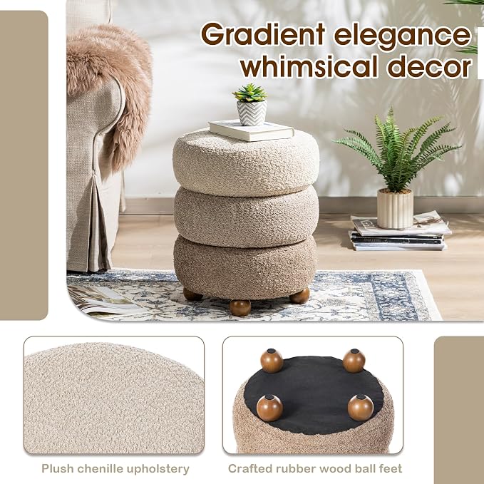 Glitzhome Round Ottoman with Storage Set of 2 Vanity Stool Foot Rest with Removable Lid Modern Upholstered Velvet Storage Ottoman Stool for Living Room and Dorm, Gradient Brown