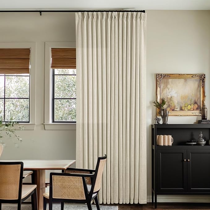 Extra Wide Pinch Pleat 100 x 108 Inch Linen Curtains for Living Room Neutral Beige Light Filtering Semi Sheer Pleated Curtains for Patio Glass Sliding Door Dining Bedroom Large Window 100x108 1 Panel