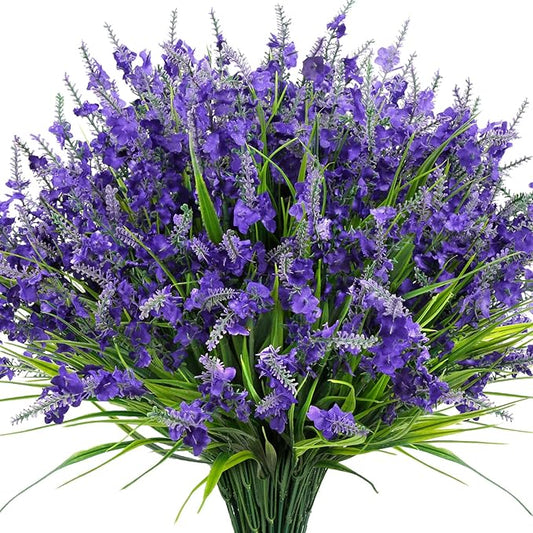 20 Bundles Artificial Lavender Flowers for Outdoors Fake Silk Flowers Faux Plants UV Resistant for Indoor Outside Spring Porch Garden Window Table Box Office Home Decorations, Deep Purple