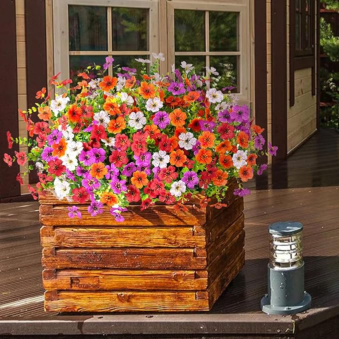 ADXORA 12 Bundles Artificial Flowers,Faux Plants for Spring Summer Decoration, UV Resistant Colorful Violets Eucalyptus for Outside Home Planter Porch Patio Yard Décor