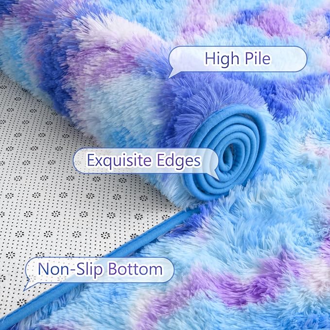 AROGAN Soft Rainbow Area Rugs for Girls Room 4x6 Feet, Fluffy Cute Colorful Princess Carpet for Kids Teens Nursery Toddler Dorm Bedroom Classroom, Blue and Purple
