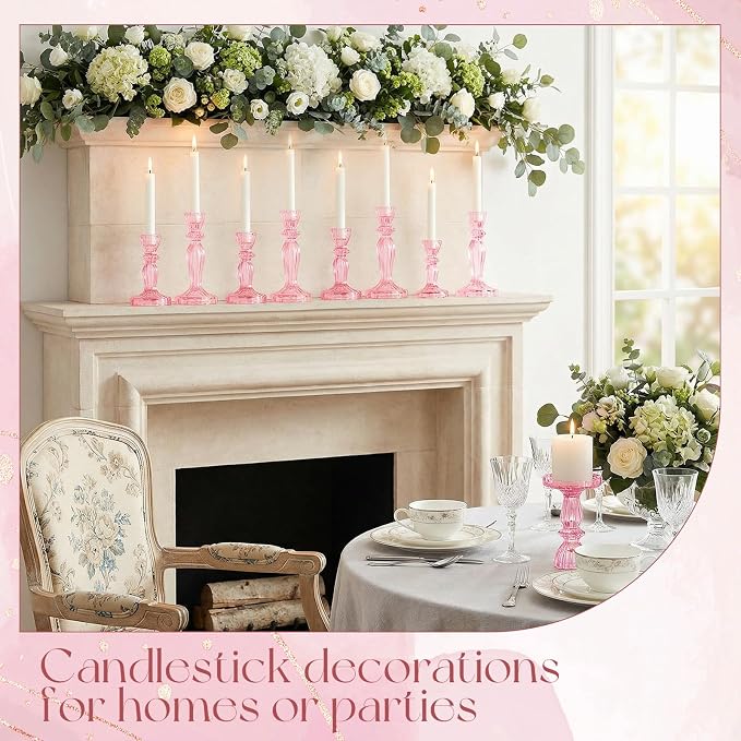 24 Pack Glass Candlestick Holders Set 4.3/6.1'' Taper Stripe Candle Holder Bulk Floral Shape Crystal Decorative Candle Stand Centerpiece for Table Wedding Dining (Pink)