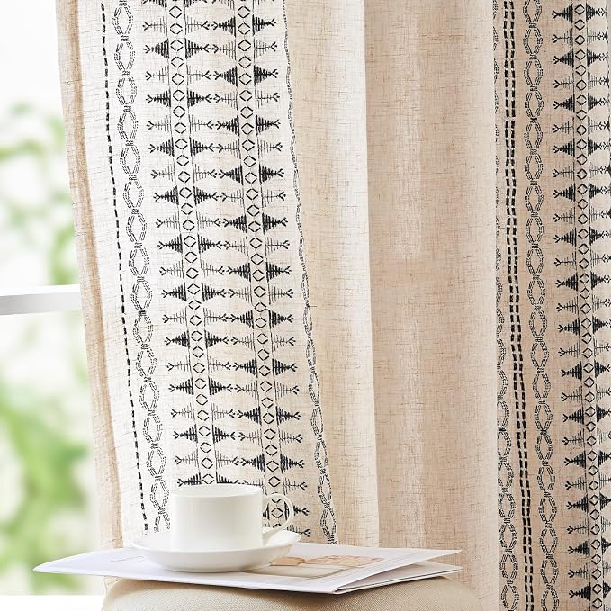 jinchan Boho Curtains Embroidered Linen Blend Window Curtains for Bedroom, Drapes 84 Inch Length 2 Panels Set, Geometry Grommet Bohemian Window Treatments Set for Living Room Black on Beige