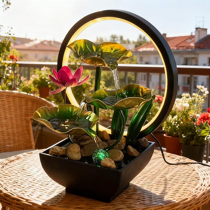 AOZITA Tabletop Fountain, Indoor Waterfall Fountain, Small Home Décor Zen Relaxation Soothing Sound Machine for Office, Living Room, or Bedroom, Green Metal Lotus with Flower, River Rocks, Round LED
