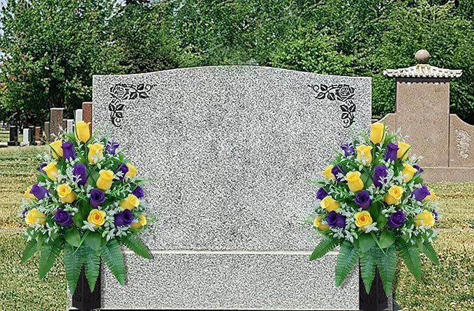 LVXINLI Artificial Cemetery Flowers, Gravesite Decoration Roses, Memorial Bouquets with Cemetery Vase, Vibrant and Long-Lasting Colors （ Yellow+Purple, 2 Bundles
