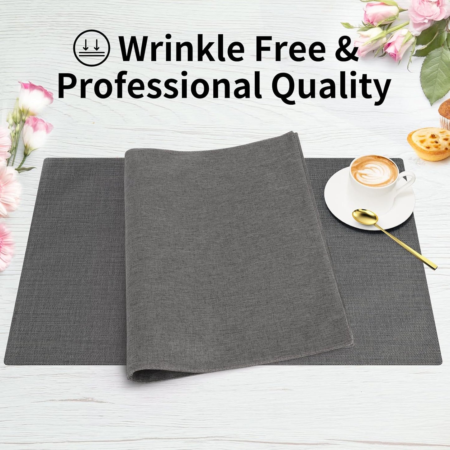 Cloth Placemats, Set of 6 Heat-Resistant Cotton Linen Blend Double Layered Machine Washable Place Mats, Wrinkle Free Thick Fabric Dining Table Mats for Indoors & Outdoors (Dark Grey, 6)