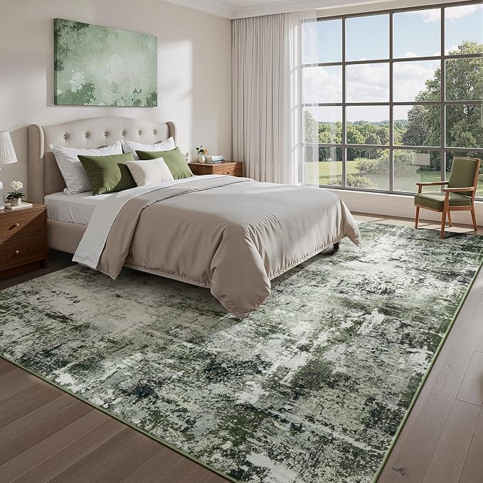 Rugflix 8x10 Area Rugs for Living Room, Washable Large Rug Stain-Resistant Low Pile, Modern Dark Carpet for Dining Room Home Office Kid Room Nursery Bedroom, Dark Green