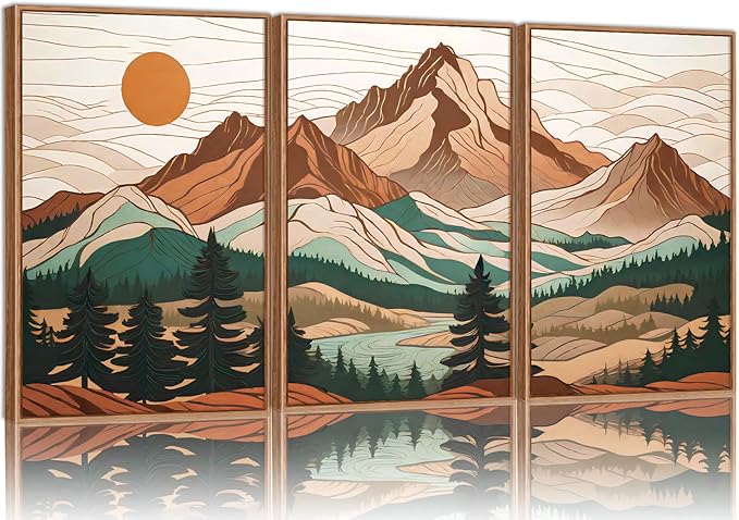 Tinonedraw Large Mountain Framed Canvas Wall Art Set of 3, Boho Nature Forest Wall Decor, Neutral Wooden Pine Trees Artwork, Sunrise Ridge Landscape Art Printing for Living Room Bedroom Office 24"x36"
