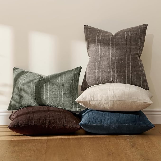 MIULEE Decorative Linen Check Throw Pillow Covers Neutral Farmhouse Vintage Pillow Covers 18x18 Set of 2 Boho Modern Winter Home Decor for Sofa Couch Bedroom Cushion Dark Brown