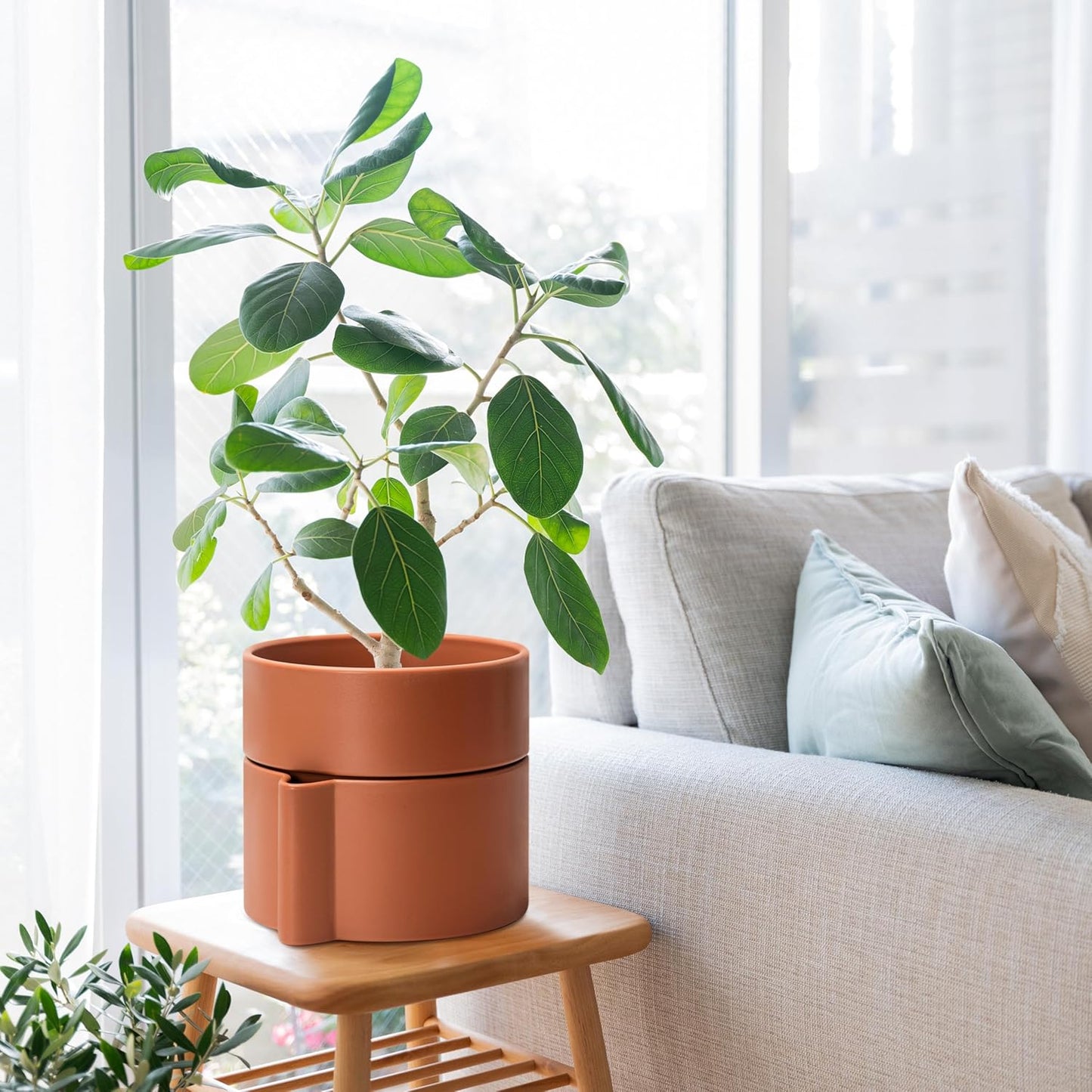 8 Inch Self-Watering Planter Pot with Terracotta Insert, Deep Water Reservoir, and Ceramic-Alike BPA-Free Plastic Planter Pot for Plant, Modern Planter for Houseplants, Terracotta, 53-A-T-3