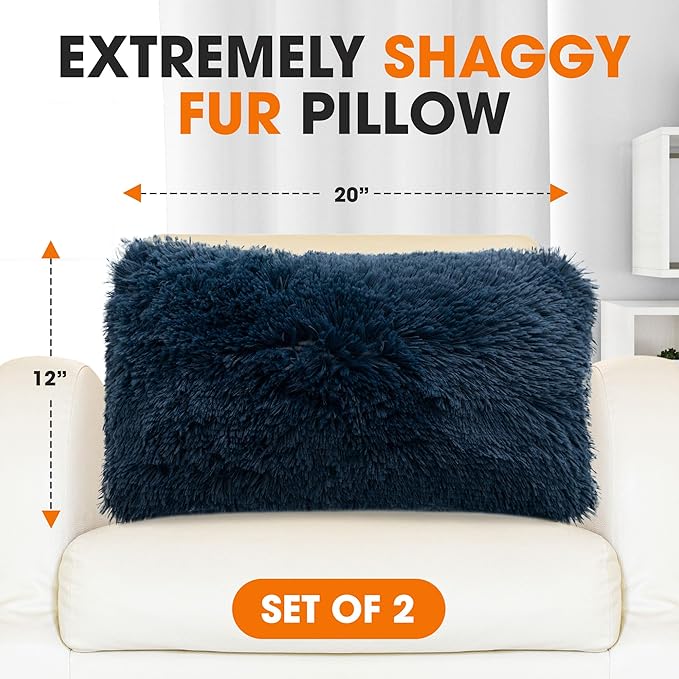 Cheer Collection Throw Pillows for Couch and Bed, Soft Shaggy Throw Pillows with Inserts Included, Cozy Long Hair Faux Fur Pillows - Set of 2-12" x 20" - Navy Blue