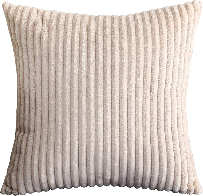 TangDepot Velvet Big Corduroy Pillow Covers 14x14 Beige 2-Pack | Soft wide-stripe corduroy pillow cover, hidden zipper, machine washable, easy refresh, for bedroom living room indoor outdoor