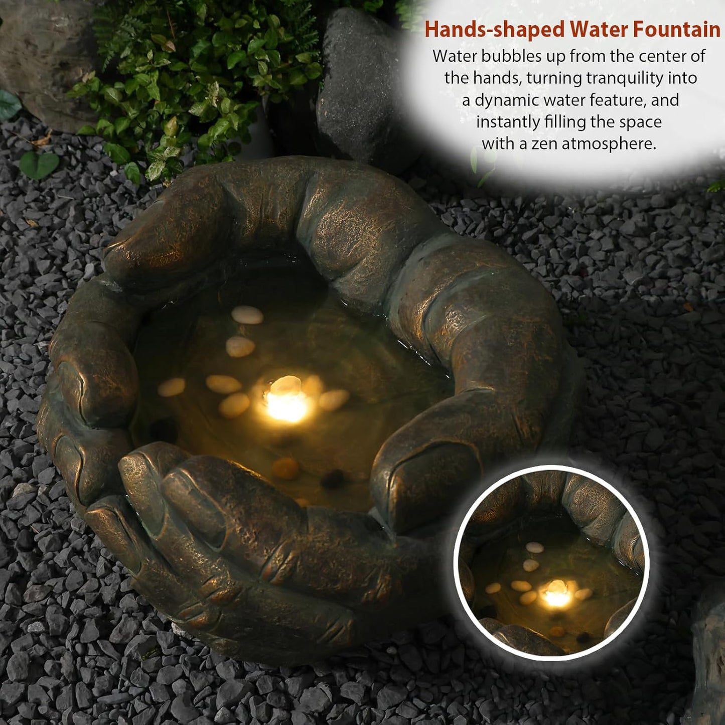 Water Fountain Zen Outdoor Fountains Garden Buddha's Hand Bubbler with Lights & Pump for Patio Porch Deck Yard Home Decor, 19.7''H x 17.5''L x12.2''W