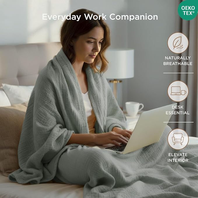 Threadmill Muslin Throw Blanket | 4 Layer 100% Cotton Gauze | Lightweight, Breathable, and Soft All Season Blanket | 50 x 65 Cozy Throw for Sofa, Couch & Bed | Scottish Grey