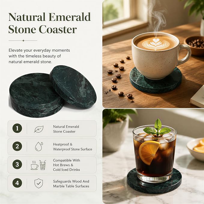 Green Marble Coasters Set of 4, Natural Stone Drink Coasters 4 Inch Round, Non-Slip Cork Bottom, Heat & Water Resistant, Protects Table Surfaces, Elegant Home Decor — Housewarming Gift